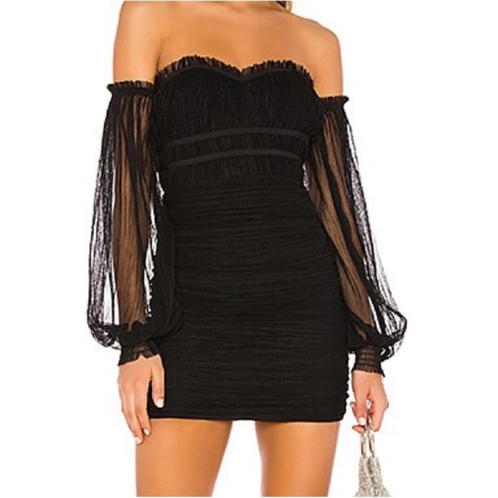 Majorelle black rusched off the shoulder chiffon mini dress Sz S